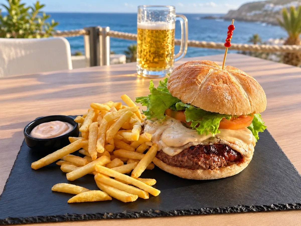 Hamburguesa con queso, lechuga, tomate y patatas en Papita's, Golf del Sur