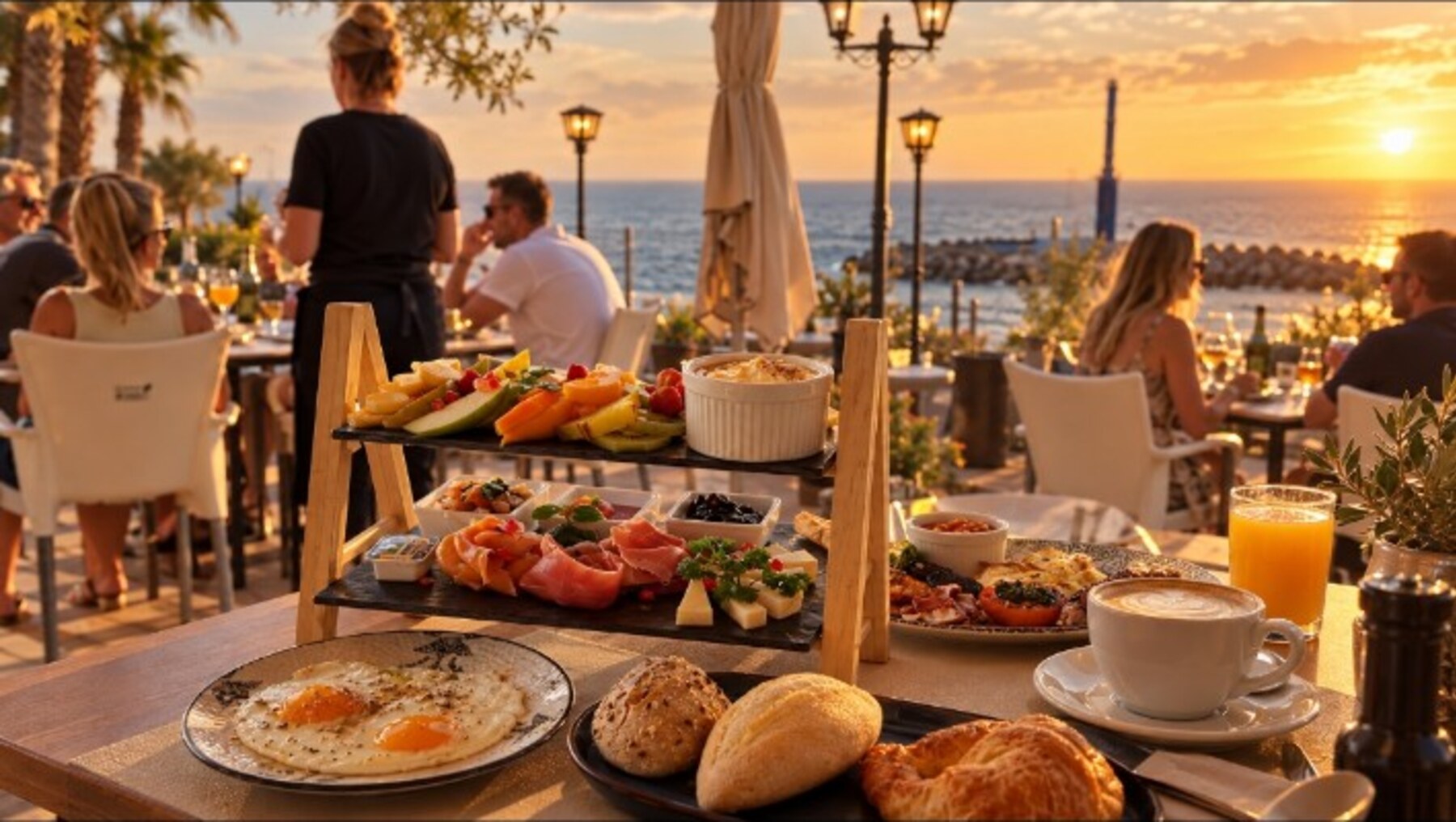 Ambiente de Papita’s junto al mar al atardecer
