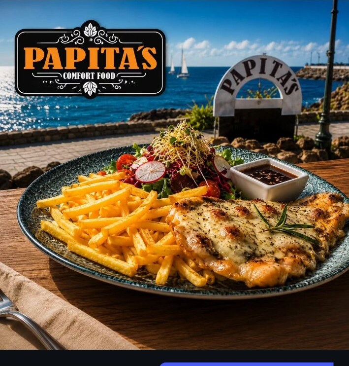 Plato con patatas y ensalada frente al mar en Papita's